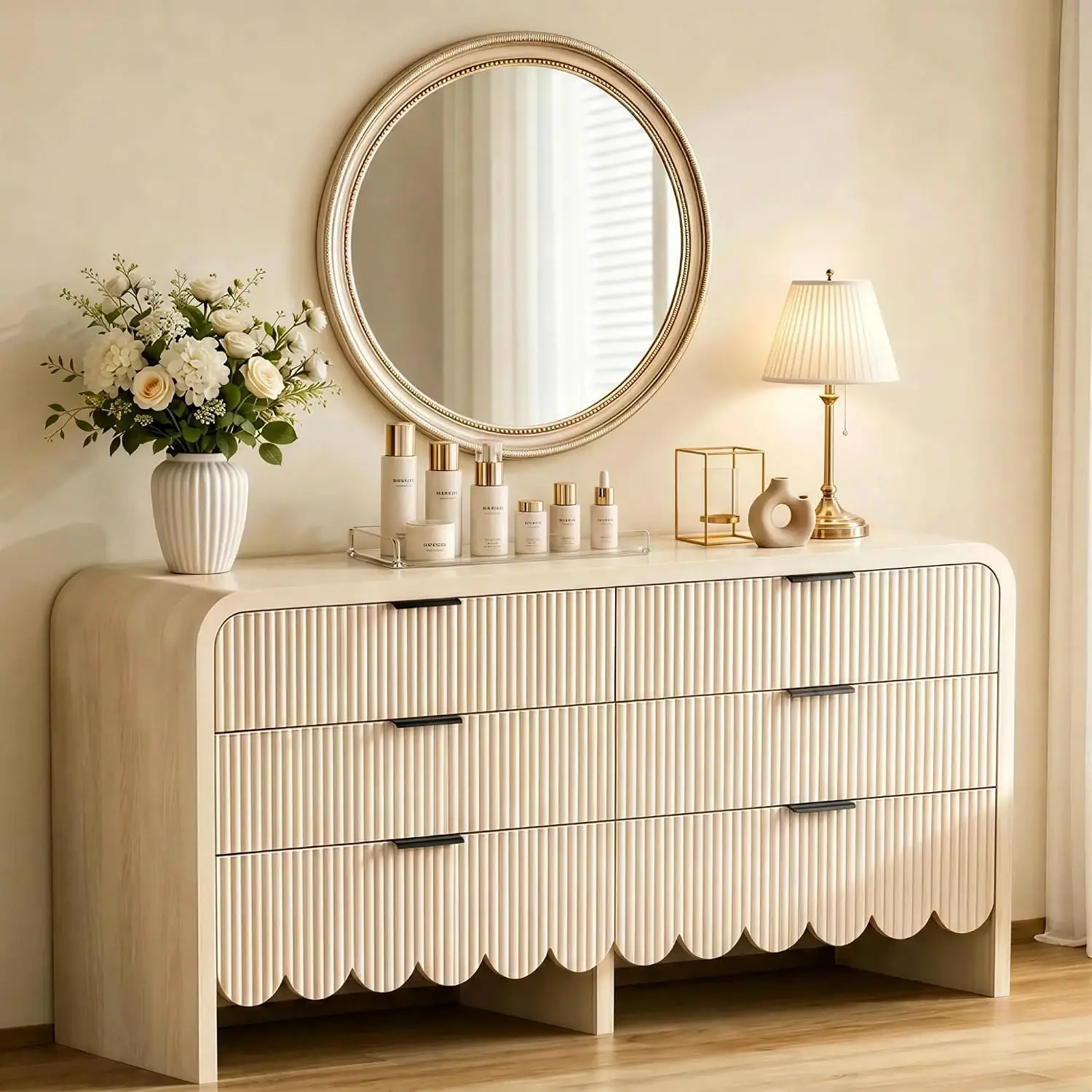 Oakault Modern 59" Wide Fluted 6-Drawer Composite Panel Dresser - Wave Texture, Metal Handles, Clothing Storage Cabinet, Cupboard Furniture, Drawer Storage for Bedroom, Living Room, Clothing Storage Cabinets, Drawer Storage Dresser sohochic