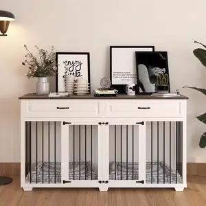 Best Pet Houses - Best Dog Crate Table | White Wooden Cabinet with 2 Drawers