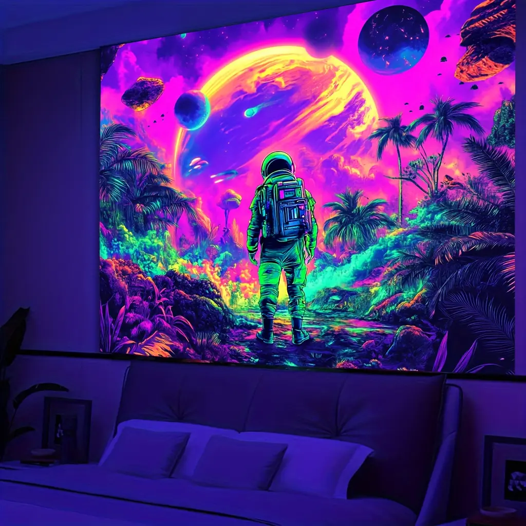 Interstellar Astronaut Tapestry - UV Reactive Polyester Party Backdrop, Glow in the Dark Space Adventure Wall Hanging, Summer Holiday Decor, No Electricity Needed extra large
