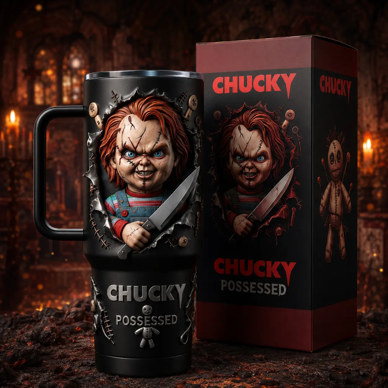 Chucky Child’s Play Halloween 40oz Tumbler with Handle and Straw, Good Guys Killer Doll Horror Movie Insulated Cup, Classic Slasher Drinkware, Spooky Season Gift for Chucky Fans, Child’s Play Collectors and Halloween Horror Lovers