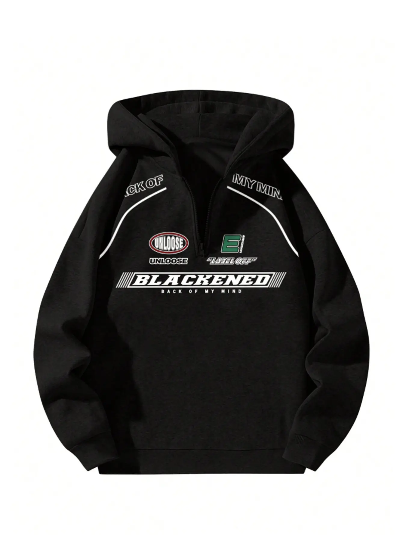Unisex Half-Zip Fleece-Lined Hoodie, Hooded fleece sweatshirt, Print Hooded Sweatshirt, Long Sleeve, Racing-Inspired 'UNLOOSE' 'BLACKENED' Graphics, Streetwear Style, Fitted for Urban Daily Wear, Street Outings & Cozy Chill Days, Soft Warm Fleece Interior