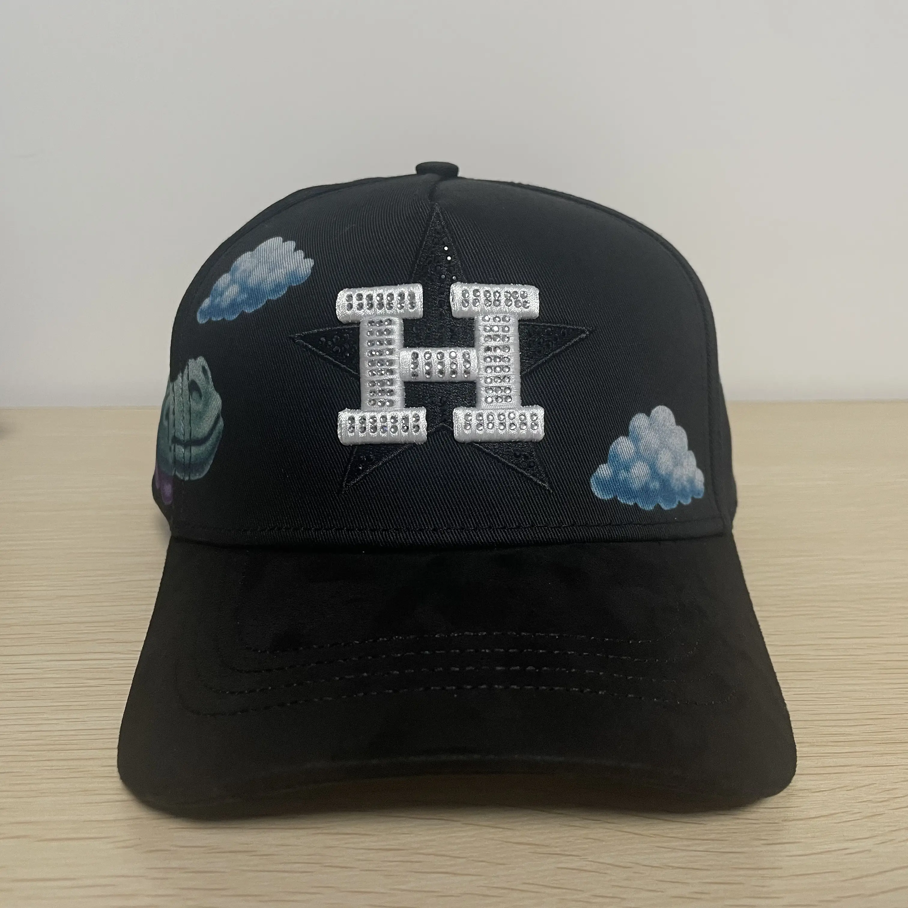 Rhinestone Letter H Black Star Baseball Cap, Cartoon Cloud Dinosaur Print Suede Brim Unisex Streetwear Hat