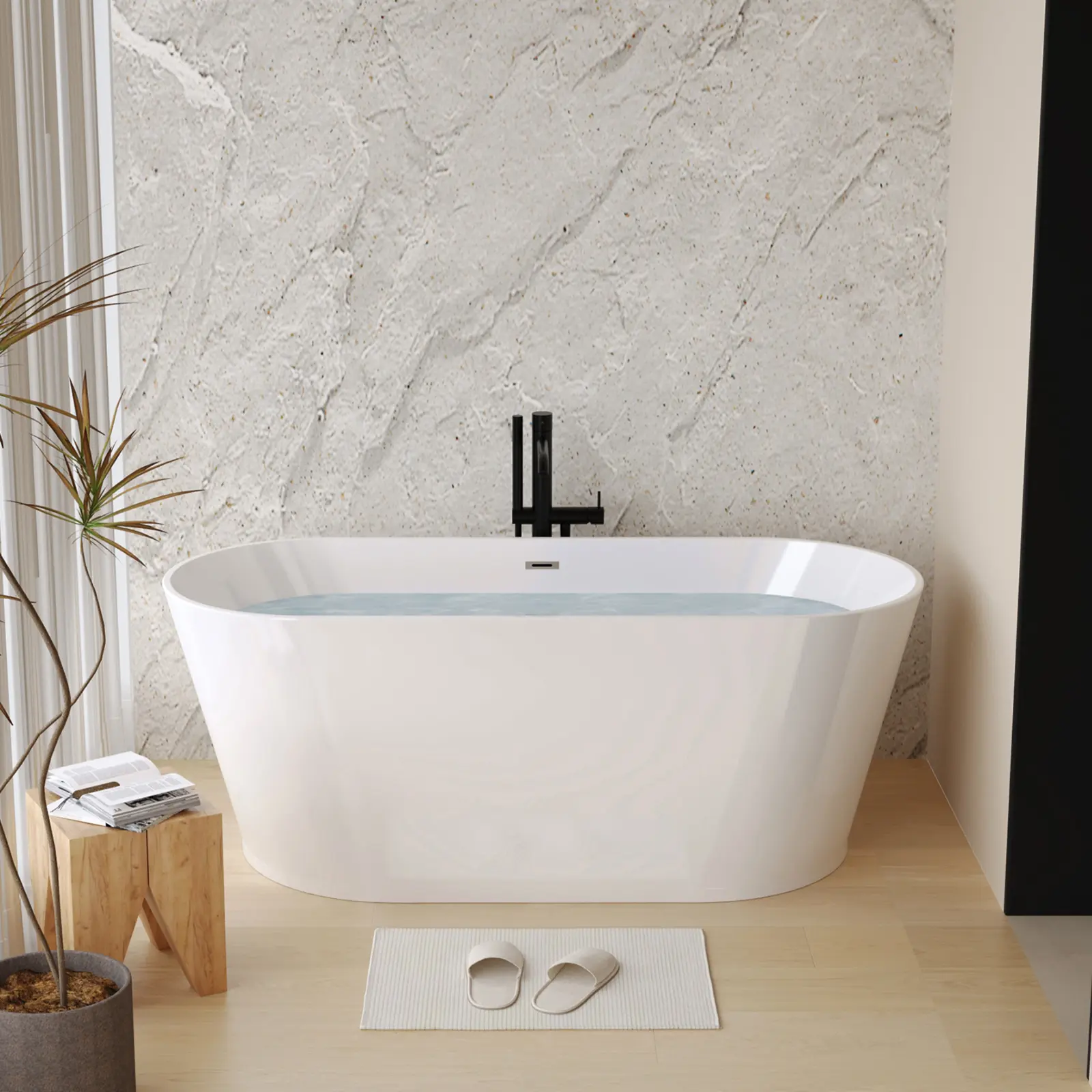 55-Inch Oval Freestanding Soaking Bathtub, Glossy White Acrylic, Double-Wall Insulated, Center Toe-Tap Chrome Drain, cUPC Certified, 55.1" L x 29.5" W x 23.6" H
