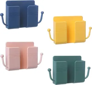 4Pcs Wall Mount Phone Holder Adhesive Wall Phone Mount Charging Stand and Remote Control Stand Multipurpose Socket Pocket Universal Deck Storage Box for Bedroom, Kitchen, Bathroom, Office