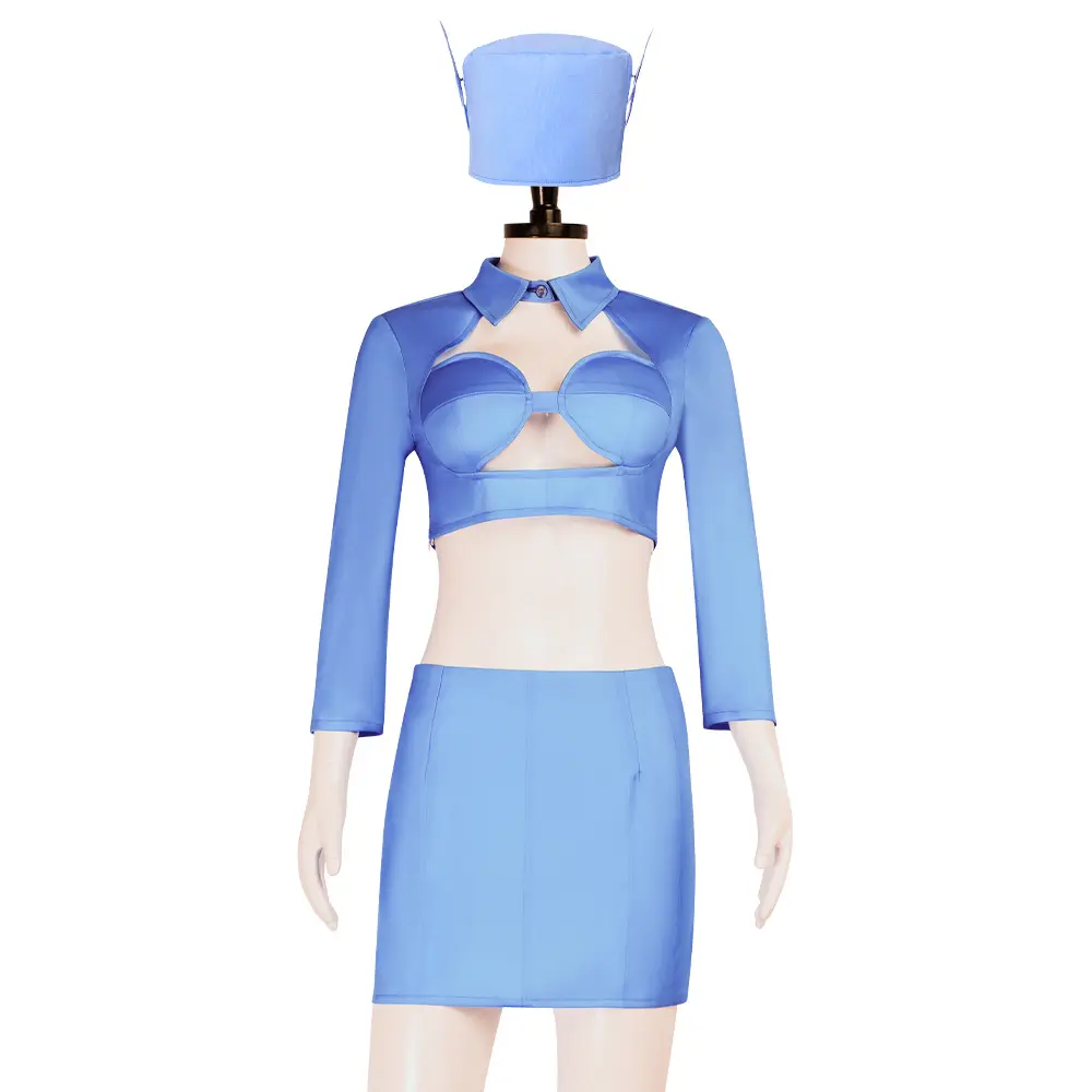 Women‘s Leeloo Stewardess Cosplay Costume Blue Crop Top Skirt Set with Hat