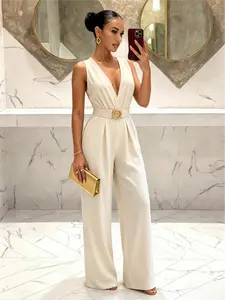 Elegant Halter V-Neck Jumpsuit with Gold Buckle Waist & Wide Leg Pants for Bridal & Formal Events - Chic Womenswear Overall Piece Romper Style Clothes Top Trouser# sets for women 2 piece