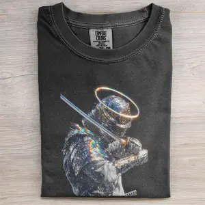 Iridescent Cyberpunk Samurai T-Shirt, Ethereal Halo Knight Graphic Tee, Galactic Warrior Streetwear Top, Techwear Glitch Art Apparel