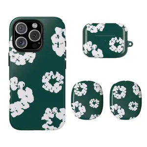 Monochrome Floral Pods Phone Case & AirPods Case,AirPods Max Compatible with iPhone & AirPods | Black White Denim Floral