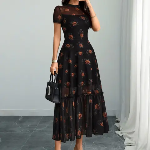 Elegant Aesthetic Women's Spring Summer Gothic Floral Dress with Double Layer Rose Print, Breathable Mesh Short Sleeves, Fitted Waist and Flared Hem, Boho Fashion Casual, Casual Wear, Casual Chic Fitted, Boho Casual Comfy, Boho Style Dress