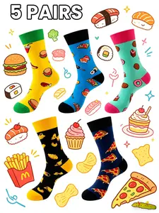 5 Pairs Fun Food Print Ankle Socks, Comfortable Breathable Skin-Friendly, Bright Colors, Hamburgers Pizza Patterns, Ideal for Daily Wear & Gifts