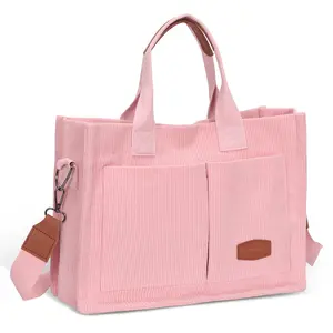 Trendy Corduroy/Canvas Tote Bag - Large Capacity Everyday Tote Bag for Girls, Pink Crossbody Bag for Women, Casual Shoulder College Bag for School, Work and Travel, Bible Bag, Fits 13-in Laptop