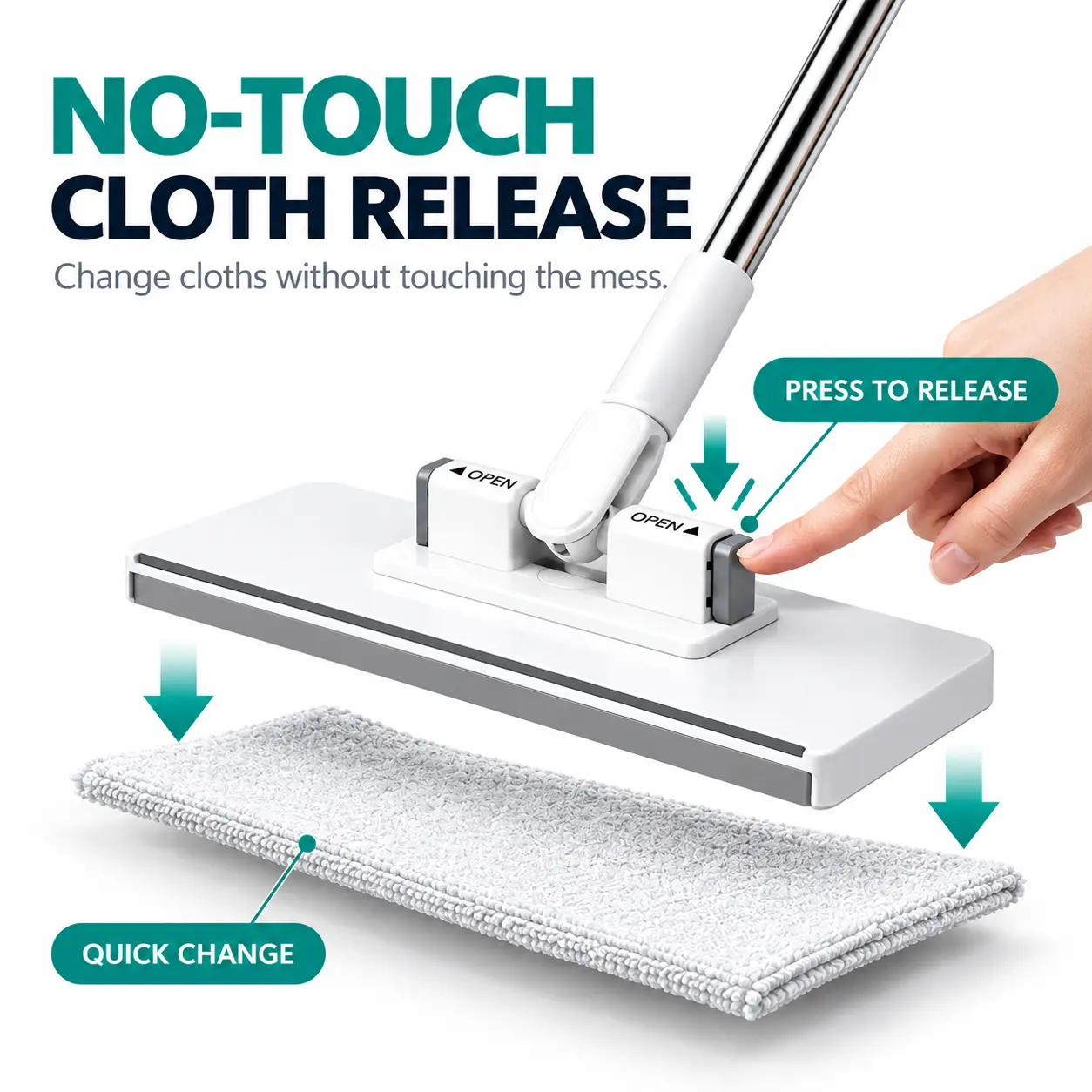 Grip Mini Flat Wet & Dry Mop with Long Handle - Locking Head, Soft Cotton Disposable Pads, 1 Unit + 3 Corner & Tight Gap Cloths, Home Care With Handle Mops, Wet & Dry Mops