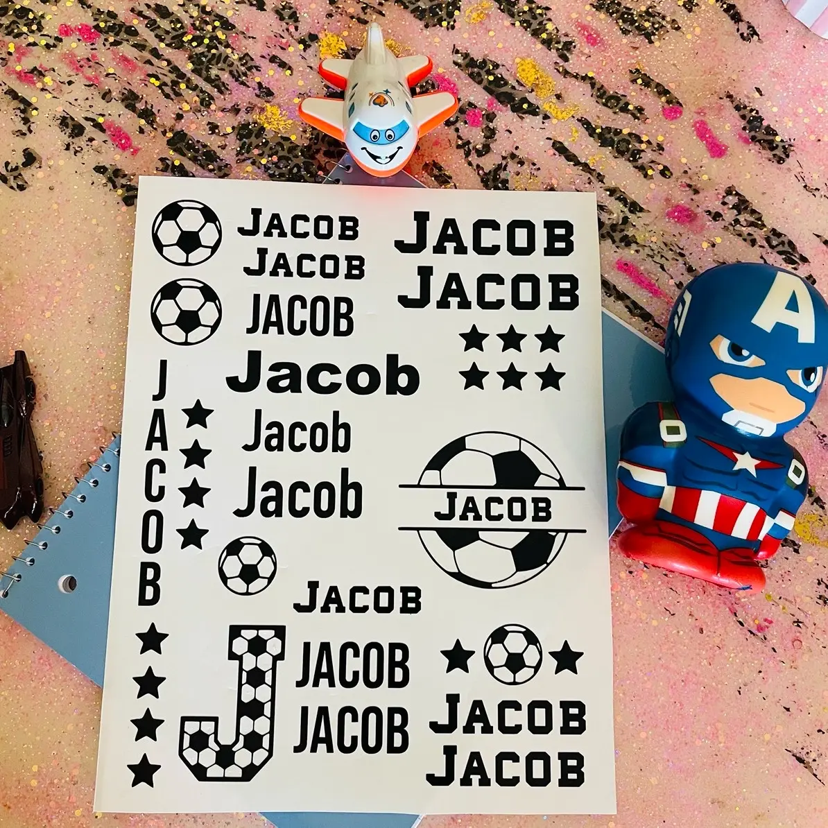 Labels for water bottle soccer theme, back to school water bottle name labels. Labels for pencil box. Labels for school materials