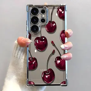 Sexy Wine Cherry Pattern Phone Case, Electroplated Cover with Airbag Shockproof Slim Soft TPU Cover for Samsung S26 S25 S24 S23 S22 Ultra S25Edge S24FE Plus S25+