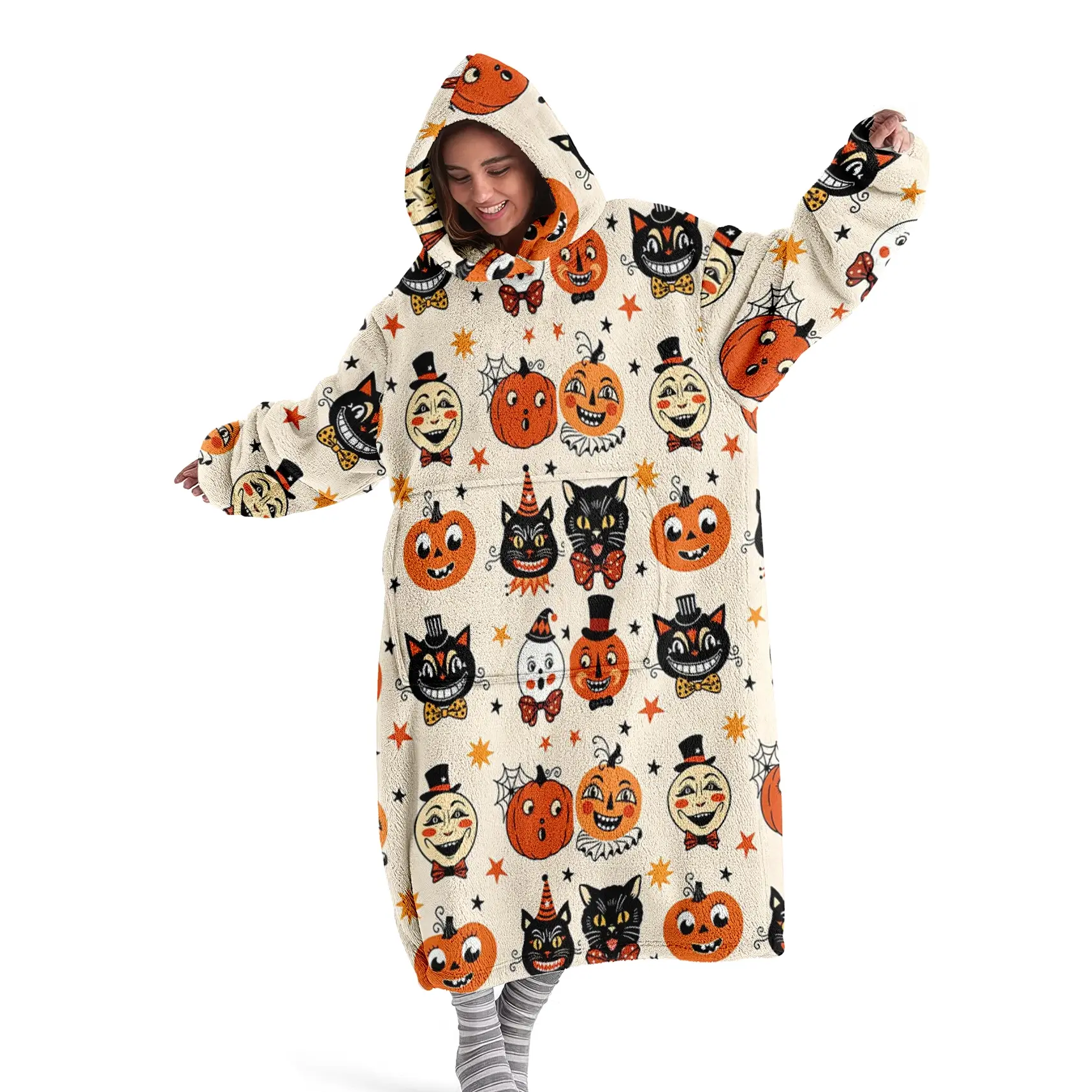 hoodie blanket，Wearable Blanket，Halloween Theme Hooded Blanket Sweatshirt, Wearable Plush Robe, Cute Decorative Cartoon Pattern, Long Sleeve Homeewear, Festive Holiday Gift，Christmas Gift,Valentine's Day gift