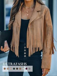 women's solid color fringe trim pu leather jacket, fitted casual longsleeves collared outerwear for spring & fall, ladies clothes for daily wear, womenswear, coats, fall jackets