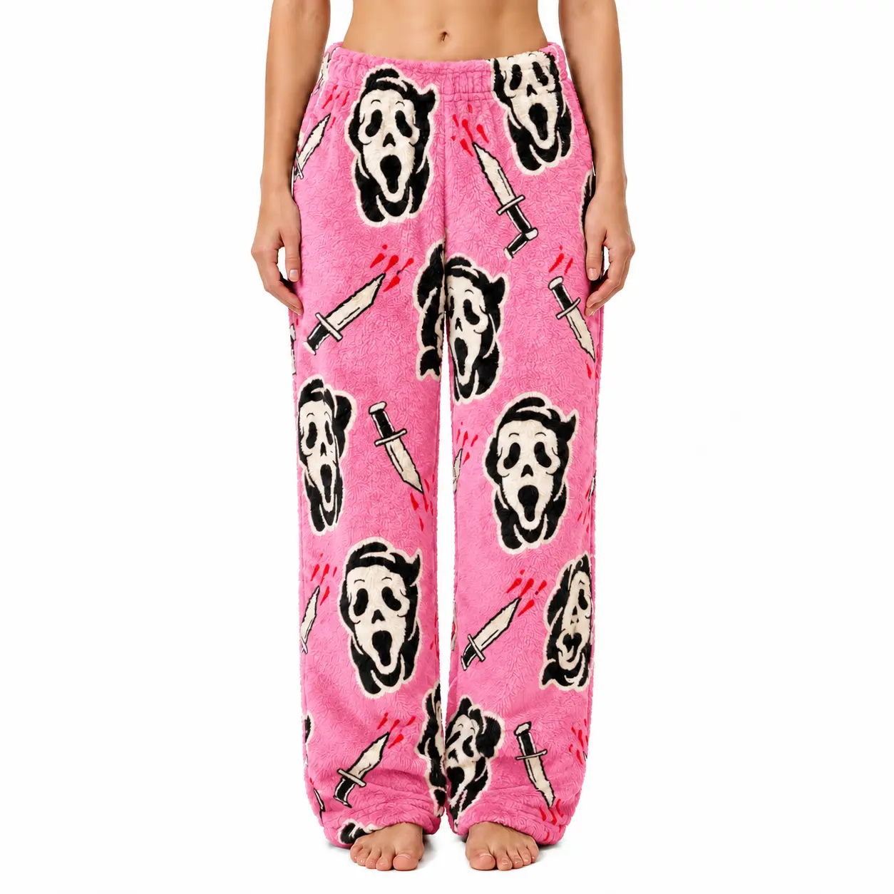 Pink Horror Scream Mask Fuzzy Pajama Pants for Women, Spooky Fleece Lounge Pants, Halloween Print Cozy Sleep Pants, Soft Plush PJ Bottoms, Relaxed Loungewear