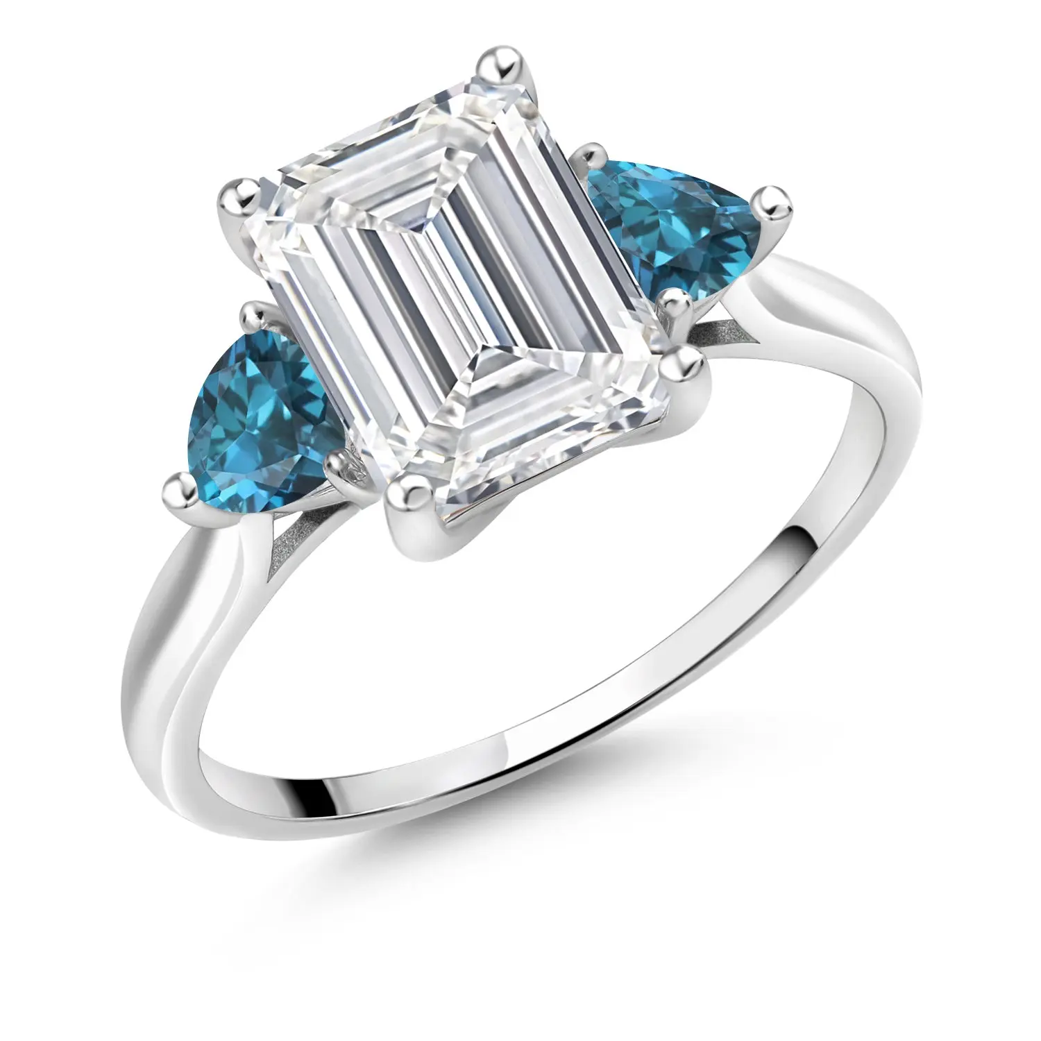 Gem Stone King 10K White Gold IGI Certified VS Lab Grown Diamond & London Blue Topaz 3 Stone Engagement Ring For Women | 3.52 Cttw | Center Emerald Cut Diamond 3 Ct | 4MM Trillion