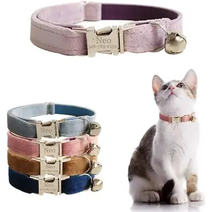 Personalized Cat Collar with Name Plate,Adjustable Tough Nylon Cat ID Collars with Bell,Customize Engraved Pet Name and Phone Number (Velvet Style B)