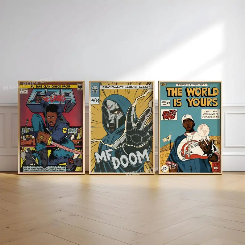 Hip Hop 90s Set of 3 / Art Print / Framed Wall Art, Classic Hip Hop Poster Unframed , MF DOOM, Nas, Gza, Retro Comic Cover, NYC East Coast Rap
