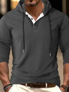 Men's Ribbed Knit Hooded Henley Shirt, Casual Slim Fit Long Sleeve Top with Contrast Placket & Drawstring Hood, Lightweight Stretch Pullover for Daily, Streetwear & Workout, Menswear