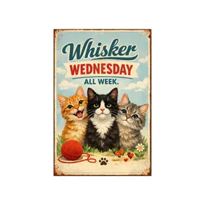 Whisker Wednesday All Week Vintage Tin Sign Funny Cat Wall Decor Retro Kitten Illustration Metal Plaque Cute Animal Art Home Office Wall 8x12 Inch Pre Drilled Holes