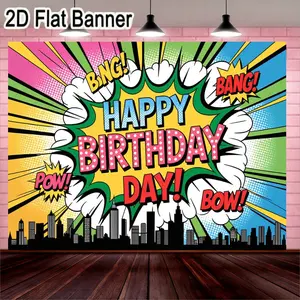 2D flat banner, 1pcVibrant Pop Art Birthday Banner with Comic Book Speech Bubble, Energetic Happy Birthday Design for Superhero Themed Celebrations, Colorful City Skyline Background, Fun Party Decoration Supplies