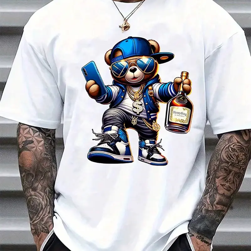 Men's Graphic Tee with Streetwear Cartoon Bear Print,Cotton Loose Fit Casual Summer Shirt, Streetwear Clothing