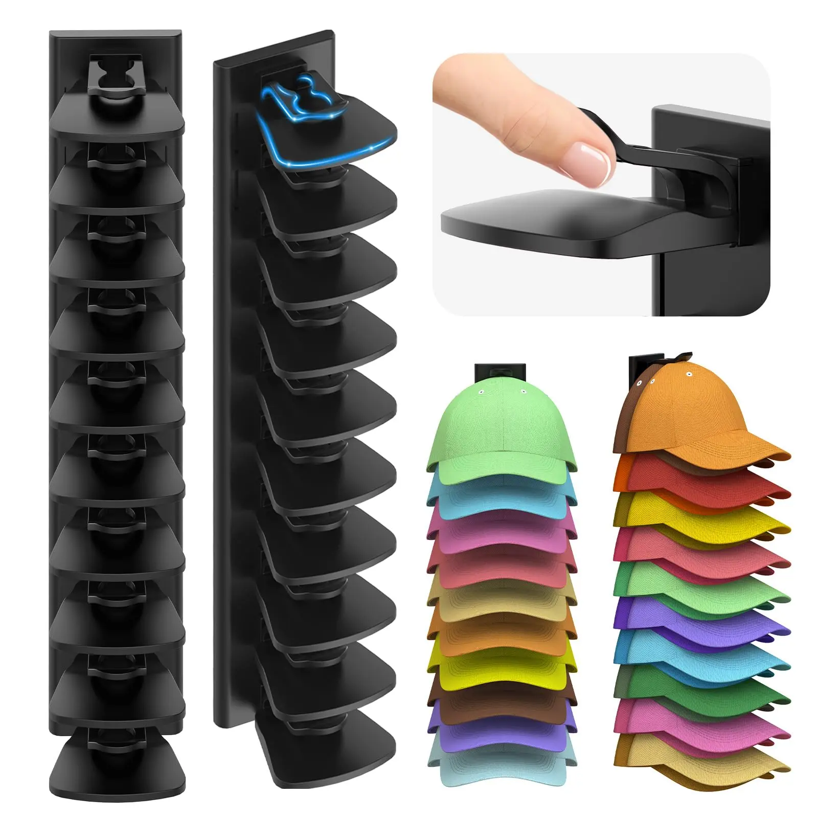 Black Adhesive ABS Baseball Cap Organizer 2-Pack (Holds Up to 40 Hats) - Compact Boxed Set, Durable Wall Hat Rack, Space-Saving Wall Decor, Closet Door Press Tongue Storage Holder Hooks