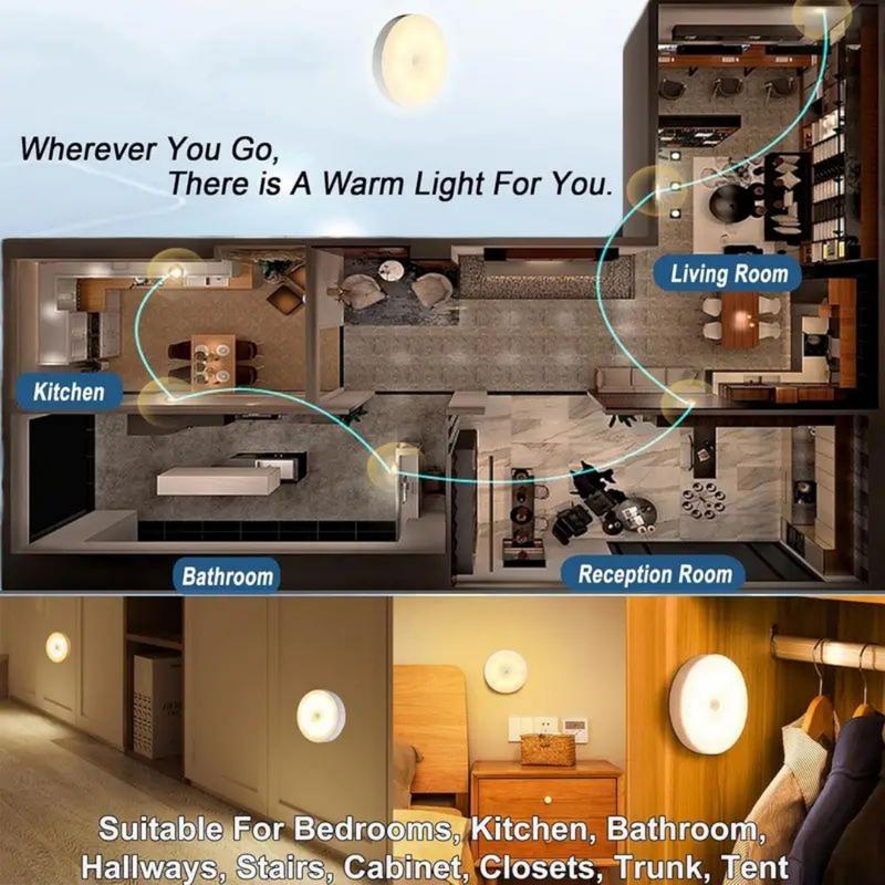 5-10 LEDs Motion Sensor Light, USB Rechargeable Round LED Light, Dimmable Night Light for Bathroom, Storage Cabinet, Stairway, Corridor & Office Space