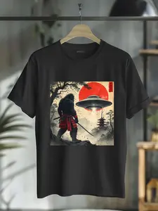 100% Cotton Samurai Bigfoot Japanese UFO Vintage Graphic Ukiyo-e Art T-Shirt