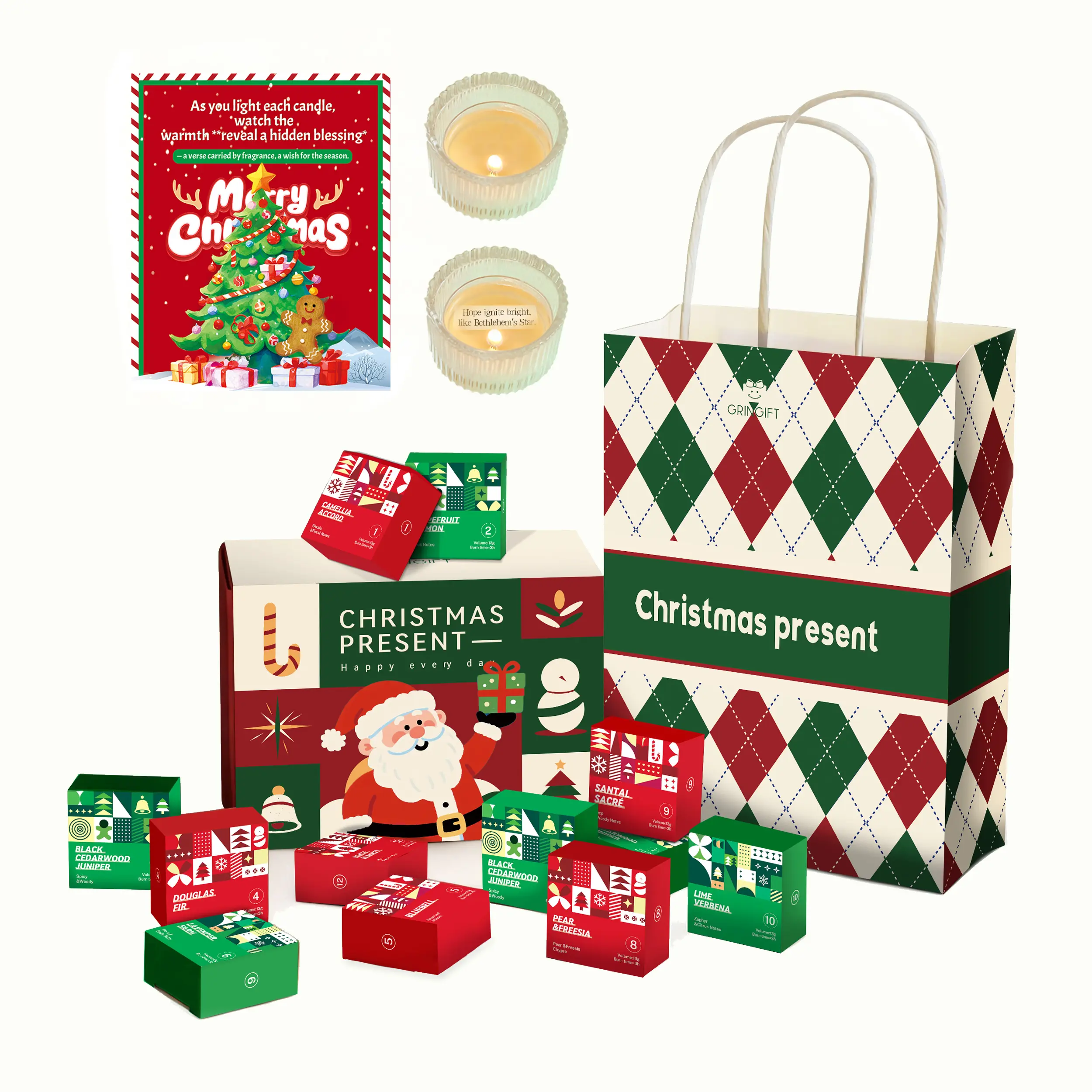 Christmas Candle Set, 12 Unique Scents, Reveals Hidden Christmas Messages When Burning Christmas Gifts, Christmas Atmosphere, ,Christmas Gift Box Set with Scented Candles, Christmas Tree Decorations, Holiday Gifts for New Year, Themed Gift Box
