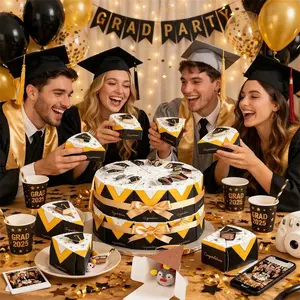 10PCS Graduation Cake Slice Gift Box Set Paper Cardboard Party Favor Boxes Creative Cake-Shaped Design with Ribbon Easy Assembly Surprise Treat Storage Elegant Black Gold Decor for Graduation Party School Celebration Class of 2026 Gifts