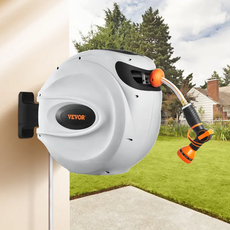 【toolupgrade】VEVOR Wall-Mounted Garden Retractable Hose Reel, 65'x5/8" Extendable Garden Hose, 180° Swivel, All-Weather Shell, Auto Rewind, Brass Lead-In, for Watering & Irrigation, Outdoor Decor, Fits Brick/Concrete