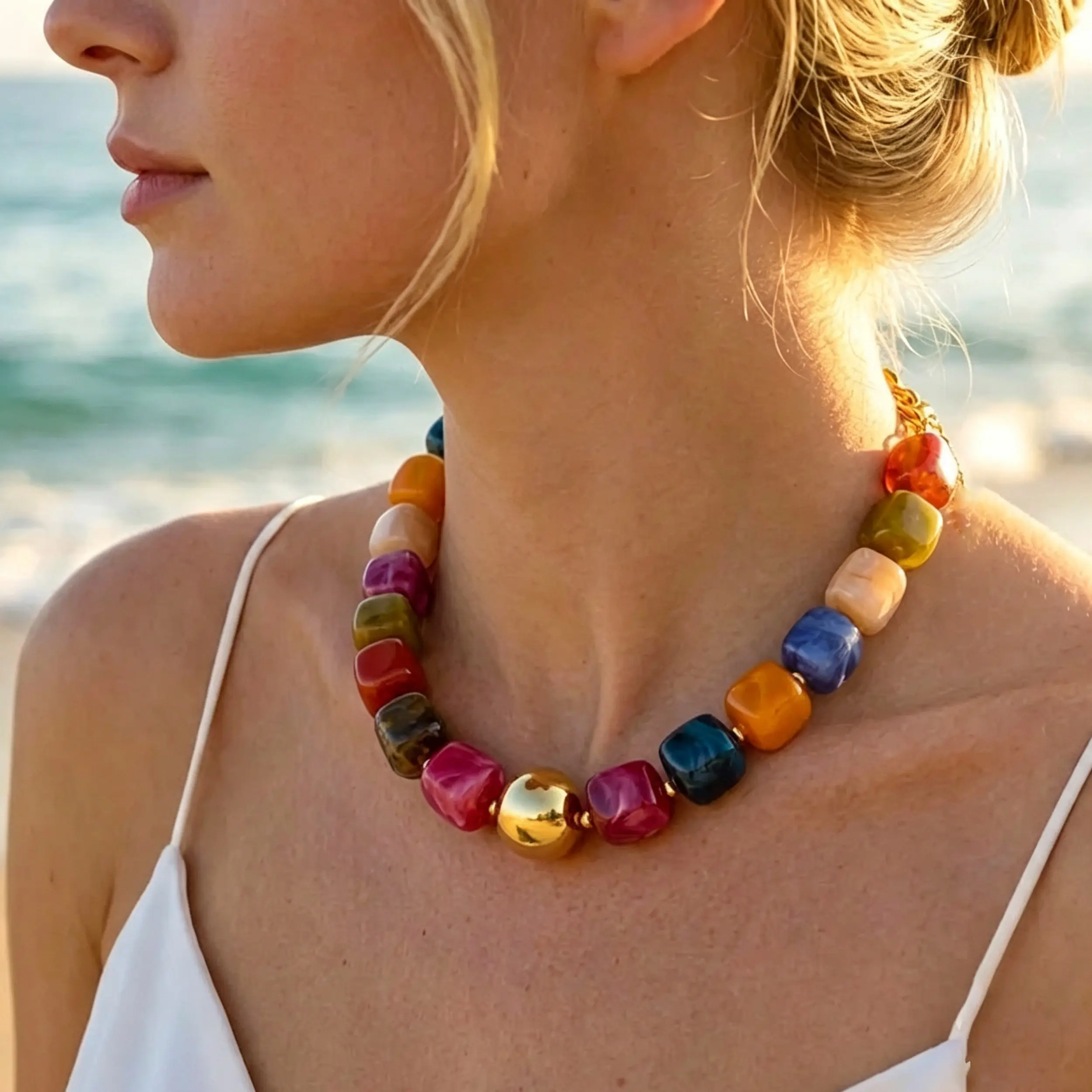 Colorful Chunky Beaded Necklace for Women, Acrylic Statement Choker | Large Beaded Necklace, Square Acrylic Beads, 18K Gold Plated Ball Pendant, Adjustable Length, Summer Jewelry for Beach Outfit