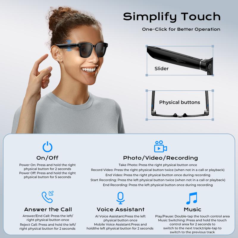Smart Bluetooth Glasses with Camera, 1080p Video Recording Wearable Glasses, Multifunctional Wireless Audio Glasses with Headphone, Outdoor Sports Camera Sunglasses with Intelligent Voice Assistant, Anti-blue Light Protection Eyeglass