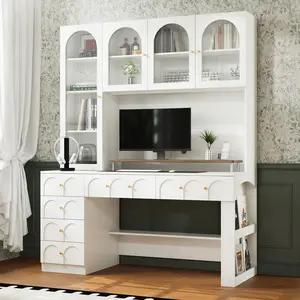 FUFU&GAGA 78.7" H Home Office Executive Desk with Hutch, Large Computer Desk with Arch Glass Doors, Drawers & 11 Shelves, Modern Wood Study Writing Table Workstation with Adjustable Shelves, White