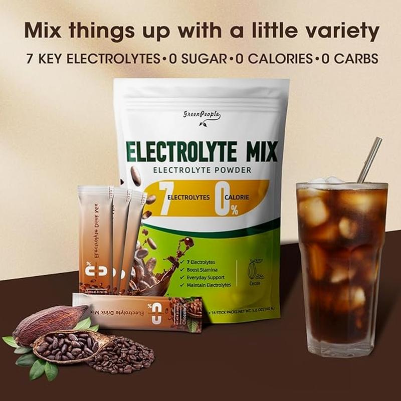 Electrolyte Powder Mix with 7 Electrolytes for Hydration & Stamina Support - Zero Calorie, Cocoa Flavor, 16 Stick Packs