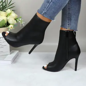 Women's Peep Toe Ankle Booties with Side Zipper Solid Color PU Leather Stiletto High Heel Short Boots Footwear Girl Fashion Comfortable Heeled Dress Dance Shoes