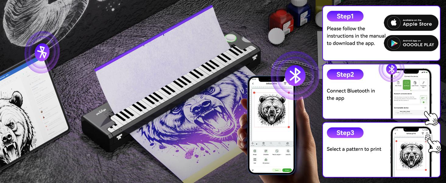 Tattoo Stencil Printer – Pino Wireless  Compact Thermal Tattoo Machine with Inkless Technology, 10pcs Transfer Paper, Compatible with Phone, Tablet & PC,Tattoo Supplies for Tattoo Artists & Beginners