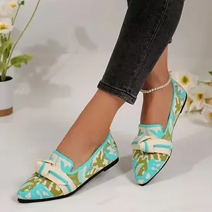 Women's Pointed Toe Penny Loafers - Light Blue & Green Leaf Print Fabric Upper with Synthetic Cover Insole & Rubber Sole, All-Season Versatile Casual to Dressy Shoes, Stylish Footwear, Fashion Loafers, Durable Traction Footwear Girl Flat