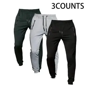 Men’s 3-Pack Jogger Sweatpants, All-Season, Elastic Waistband, Stretch Fabric, Zipper Pockets, Breathable, Simple Design