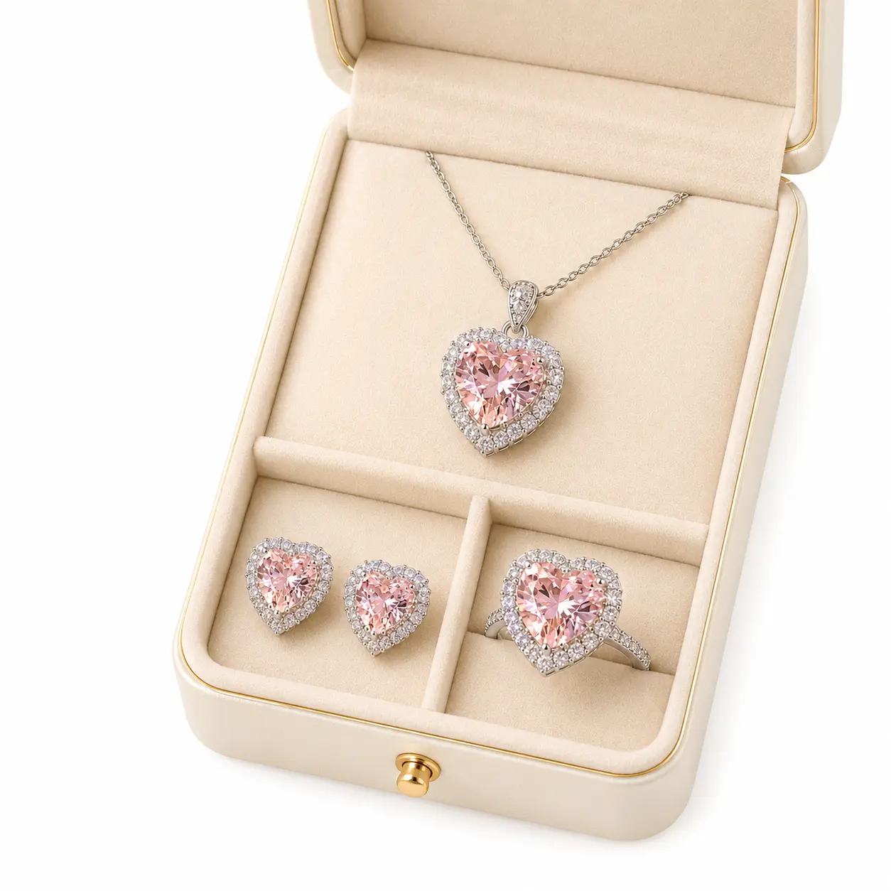 * Pink Heart Jewelry Set for Women, Sparkling Halo Heart Necklace, Stud Earrings and Statement Ring, Silver-Tone 3-Piece Matching Jewelry Gift Set