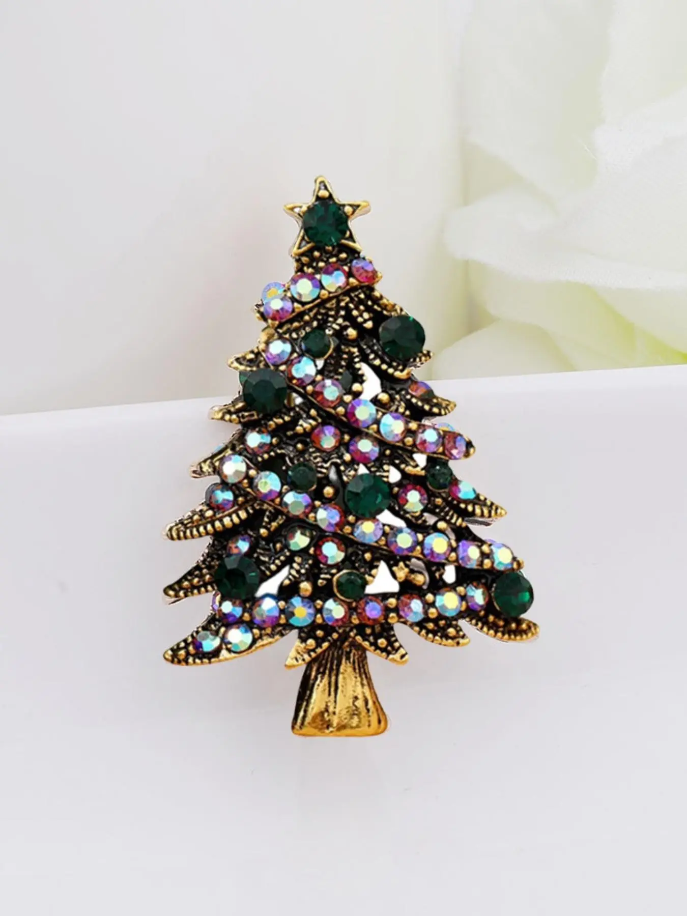 Vintage Colorful Rhinestone Christmas Tree Brooch, Boho Style Mini Fashionable Accessory for Women and Girls, Perfect Holiday Gift