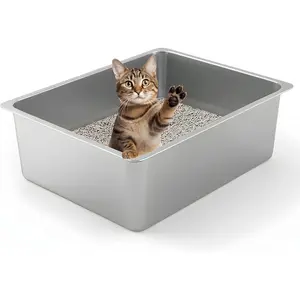 Stainless Steel Cat Litter Box - Metal High Sided Cat Pan, Large Stainless Steel Box, Indoor Litter Tray, Non Stick, No Smell, Easy to Clean, Pet Toilet Supplies for Kitten, Kitty, Rabbit