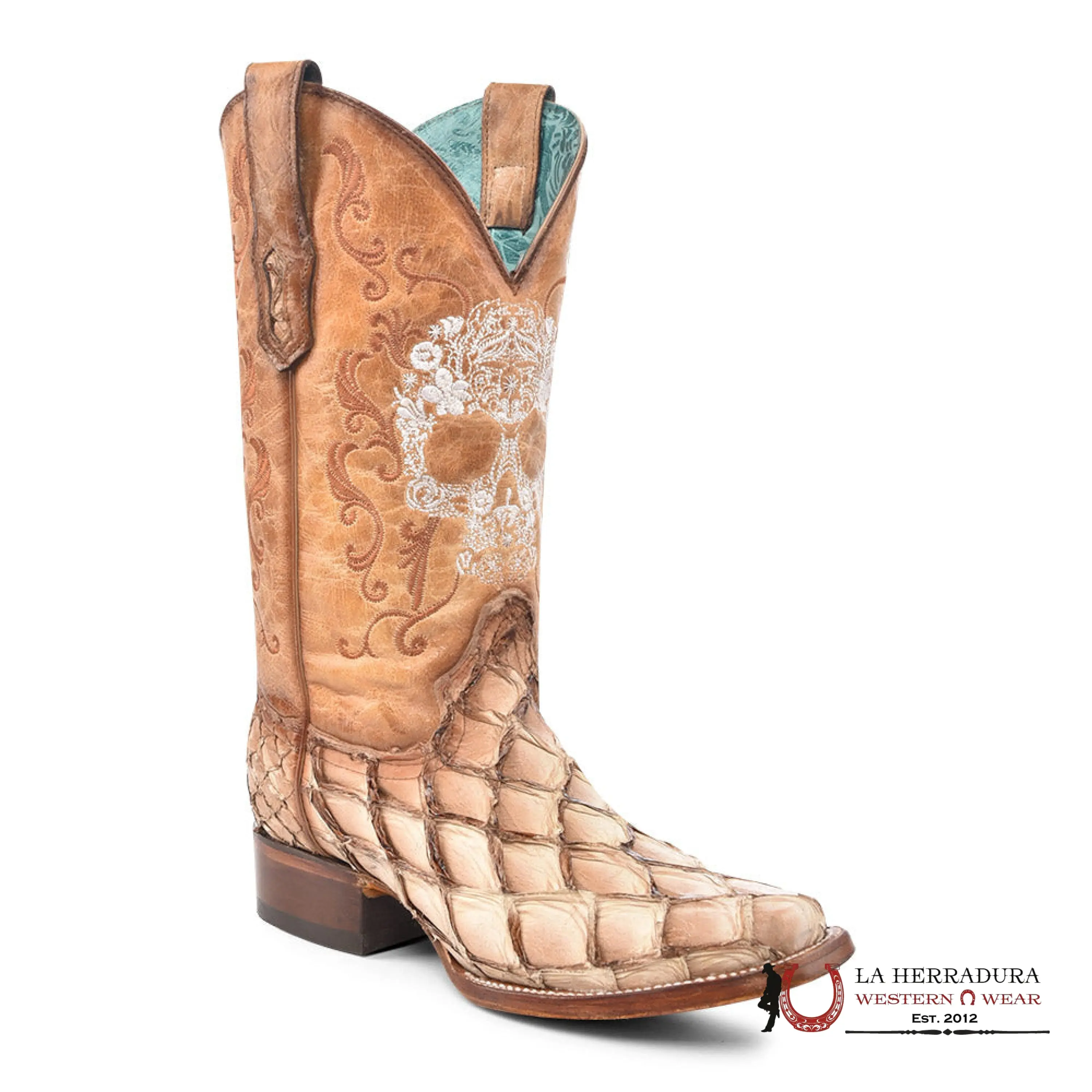 Women's Western Cuban Design Embroidered Slip-On Cowboy Boots - Corral Sand/Brown Exotic Pirarucu Leather, Round Toe, Stylish Footwear | Style A4575