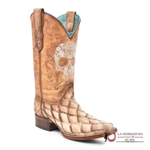 La Herradura Western Wear CORRAL SAND/BROWN FISH PIRARUCU EMBROIDERY A4575 Cowboy Boots for Women Round Toe Slip On Winter Footwear Stylish Decor