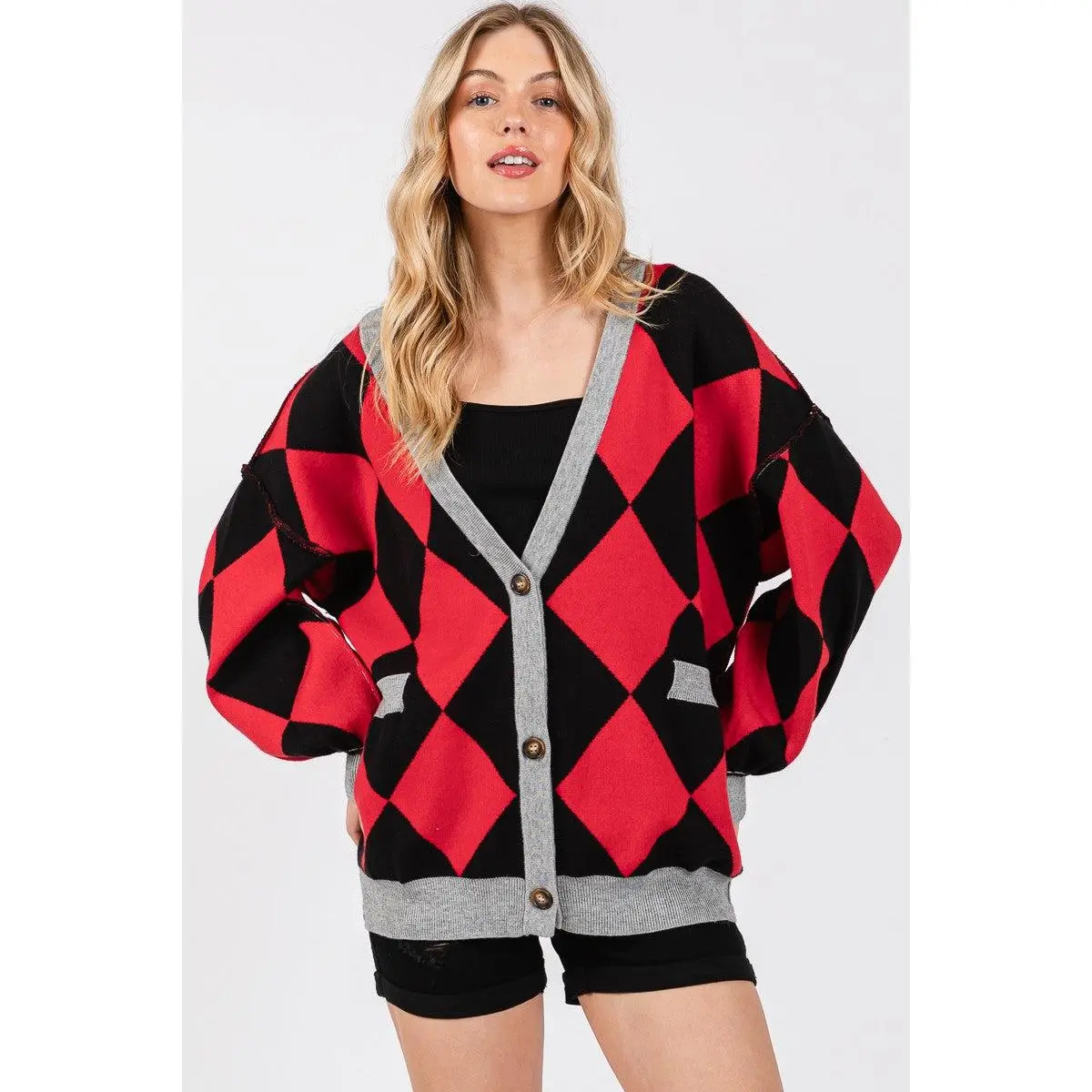 Argyle Print Varsity Cardigan Red & Black