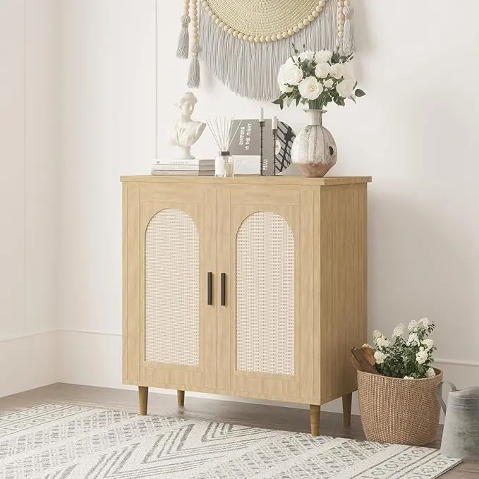 Rattan Buffet Cabinet with Storage Single Door Accent Console Table for Entryway Dining Room & Kitchen, Compact Sideboard with Adjustable Shelves, 35.2" Small Storage Cabinets