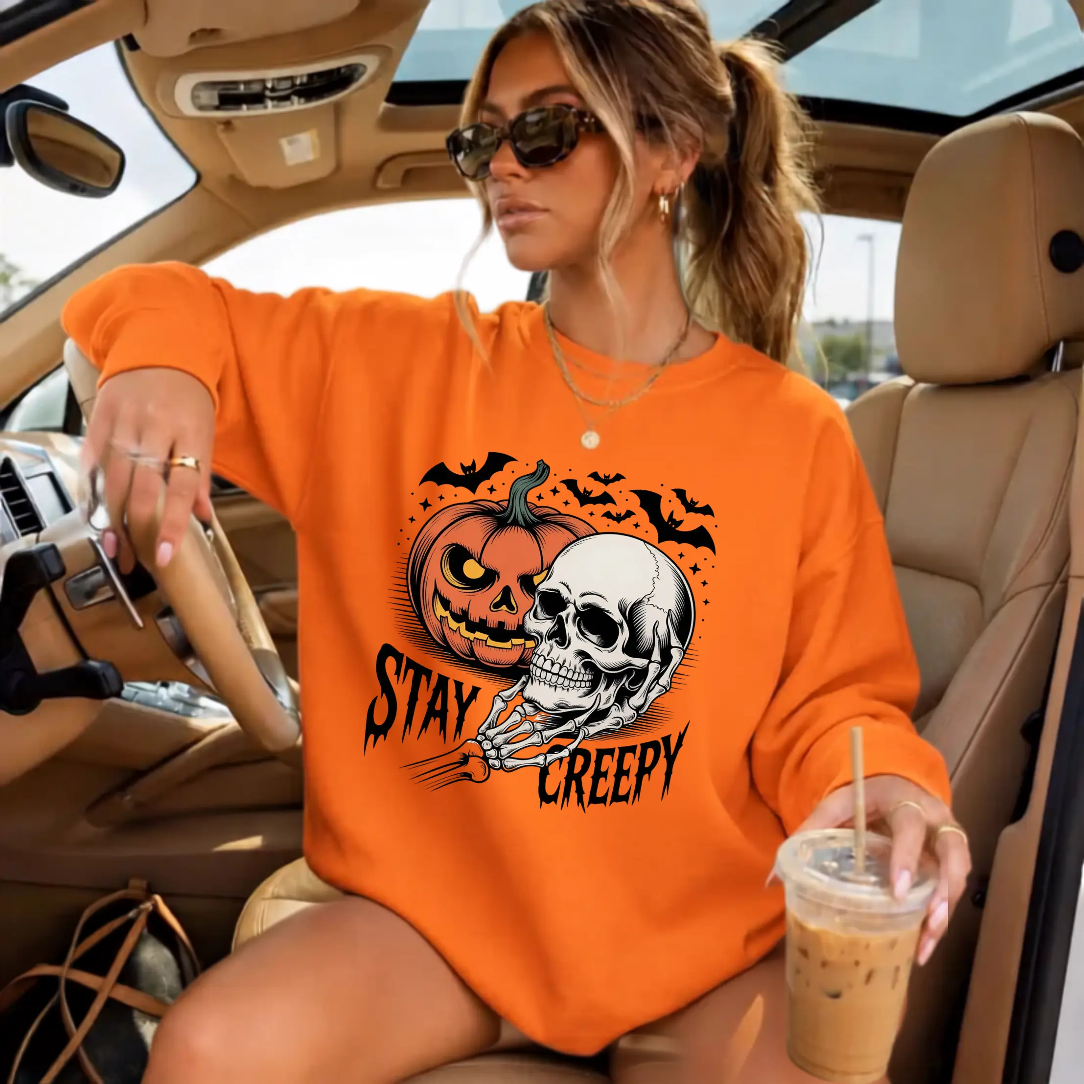 Stay Creepy Halloween Sweatshirt, Skeleton Pumpkin Graphic Pullover, Beige Oversized Spooky Season Crewneck and Vintage Horror Aesthetic Jumper | GHINI